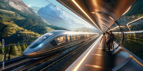 Modern high speed train with mountains in the background. 3d rendering