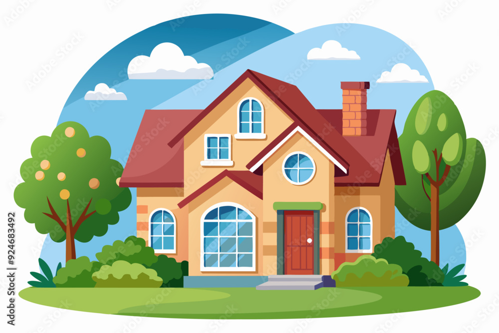 Naklejka premium Cartoon Illustration of a Two-Story House with a Red Roof and Green Trees