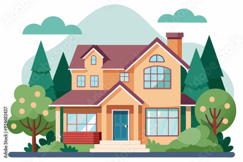 Two-Story House with Red Roof in a Green Forest Setting