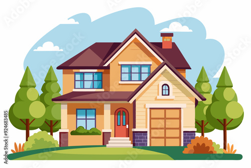 Two-Story House with Garage and Front Yard