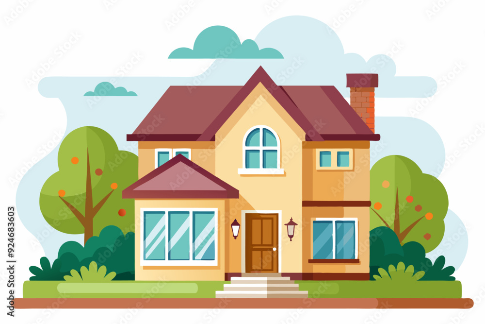 Fototapeta premium Two-Story House with Red Roof and Green Trees