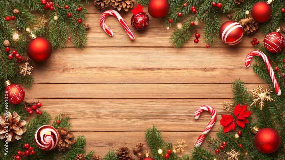 Christmas Background with Candy Cane, Fir Branches, and Ornaments Flat Lay with Copy Space Christmas Background with Candy Cane, Fir Branches, and Ornaments Flat Lay with Copy Space
