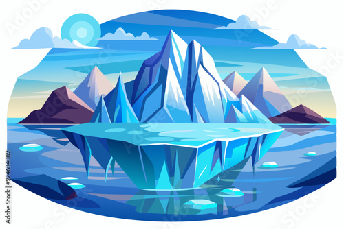 A Large Iceberg Floating in a Blue Ocean with a Snowy Mountain Range in the Background