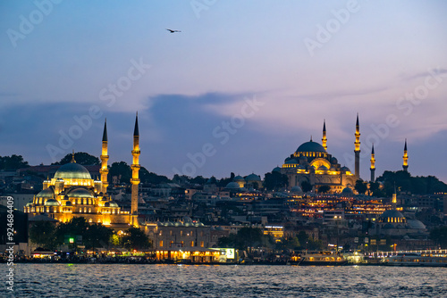 Türkiye. Istanbul. The Bosphorus with the Süleymaniye Mosque and Yeni Cami Mosque at dusk