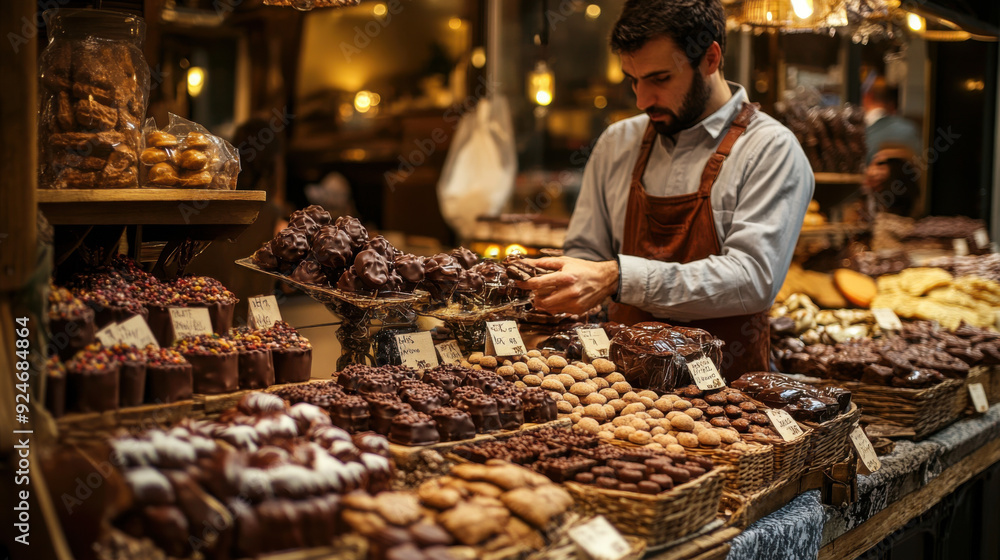 A lively European market scene with a vendor at a classic stall offering gourmet chocolates and A lively European market scene with a vendor at a classic stall offering gourmet chocolates and