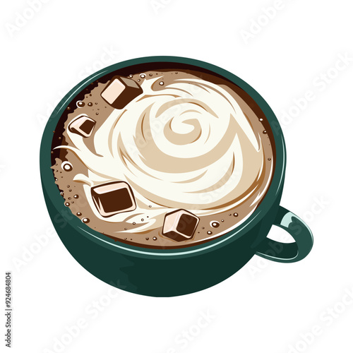 Beautiful latte coffee with lush foam and ice cubes