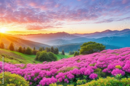 rhododendron flowers field over a mountain at sunset