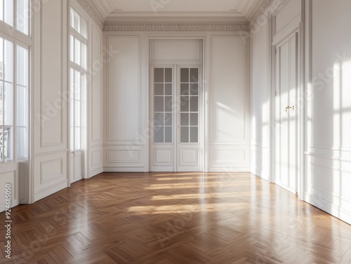 Wallpaper Mural A large, empty room with white walls and wooden floors Torontodigital.ca