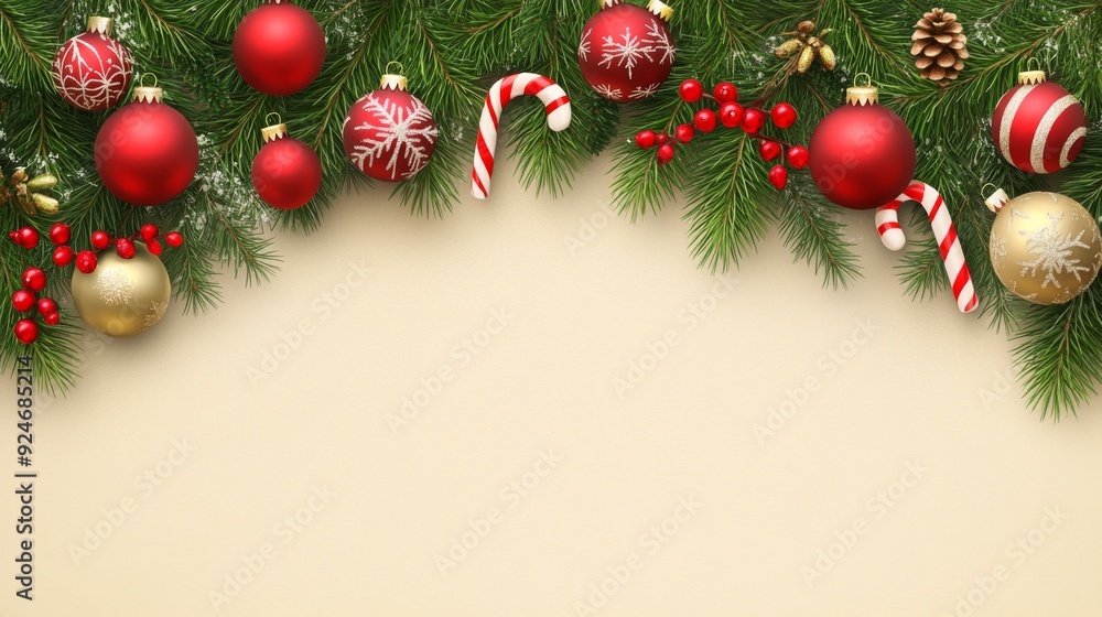 Christmas Background with Candy Cane, Fir Branches, and Ornaments Flat Lay with Copy Space Christmas Background with Candy Cane, Fir Branches, and Ornaments Flat Lay with Copy Space