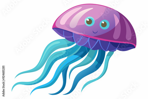 Cartoon Purple Jellyfish with Blue Tentacles Smiling