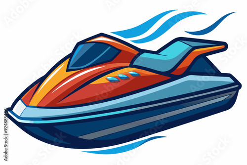 Cartoon Illustration of a Red and Blue Jet Ski with Wake