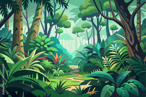 Lush Green Jungle Path with Winding Trail and Overhanging Foliage