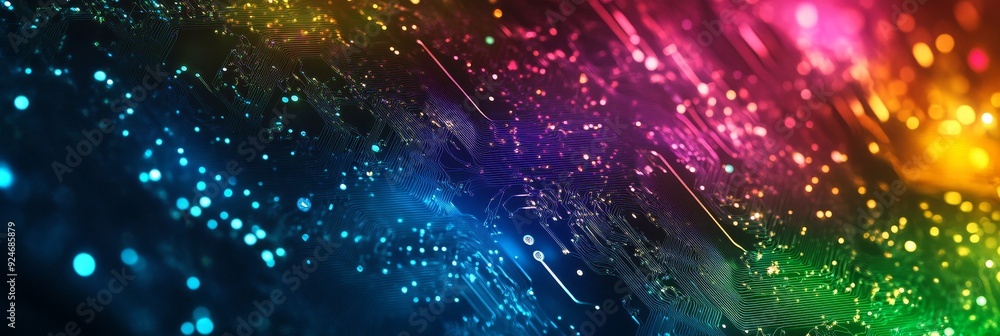 Abstract technology background with vibrant rainbow lights and bokeh. It symbolizes innovation, creativity, data flow, connectivity, and digital transformation. Abstract technology background with vibrant rainbow lights and bokeh. It symbolizes innovation, creativity, data flow, connectivity, and digital transformation.