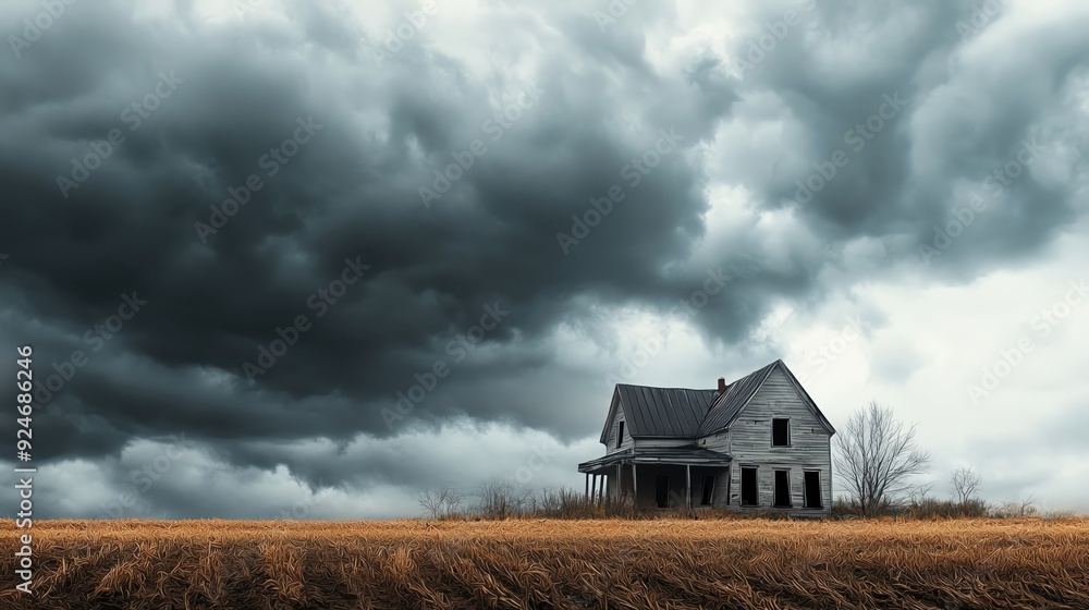 Stormy skies over abandoned farmlands, agricultural impact of climate change, Watercolor style Stormy skies over abandoned farmlands, agricultural impact of climate change, Watercolor style