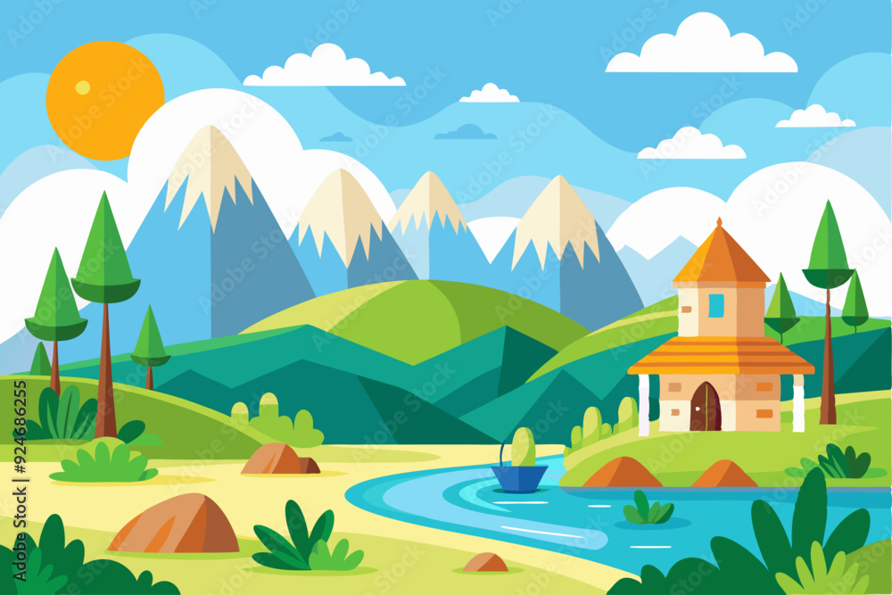 Fototapeta premium Idyllic Mountain Landscape with a Cottage by a River