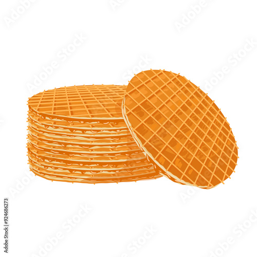 Stroopwafels stack. Sweet dutch bakery and pastry dessert with caramel topping. Vector isolated hand drawn illustration of traditional holland waffle for menu designs, prints, stickers