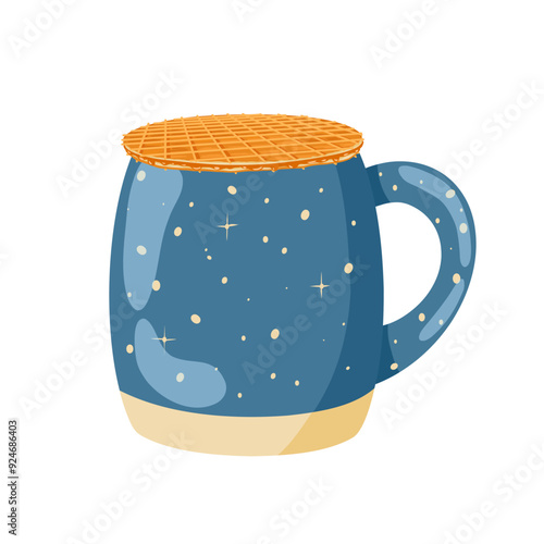 Waffle on top of the mug. Stroopwafel. Traditional dutch dessert with caramel topping. Vector isolated hand drawn illustration of traditional holland waffle for menu designs, prints, stickers