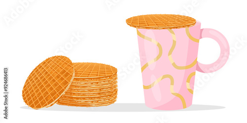 Waffle on top of the mug. Stroopwafel. Traditional dutch dessert with caramel topping. Vector isolated hand drawn illustration of traditional holland waffle for menu designs, prints, stickers