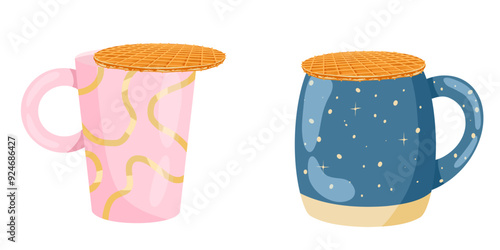 Waffle on top of the mug. Stroopwafel. Traditional dutch dessert with caramel topping. Vector isolated hand drawn illustration of traditional holland waffle for menu designs, prints, stickers