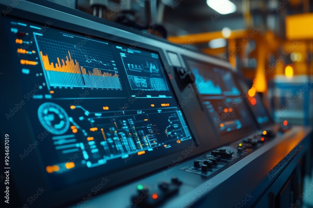 Advanced cnc machine control panel with digital screens displaying complex data and graphs Advanced cnc machine control panel with digital screens displaying complex data and graphs
