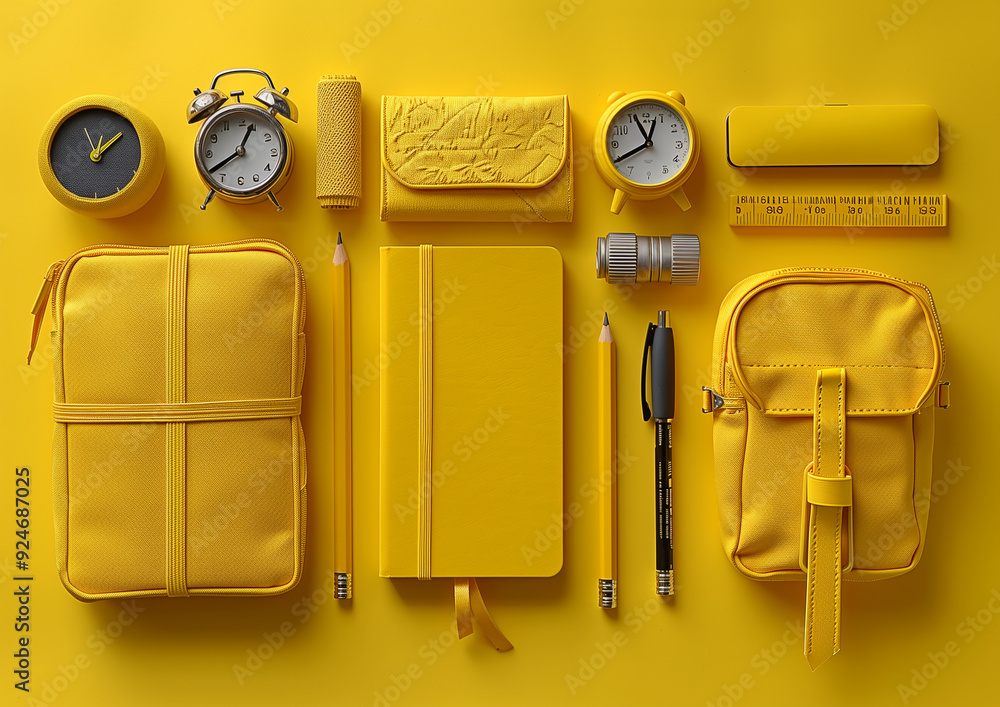 Fototapeta premium A clean and minimalistic composition of school supplies on a yellow background