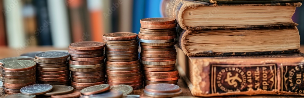Books and coins neatly stacked together, creating a vintage and intellectual ambiance with a nod to financial wealth and investment.