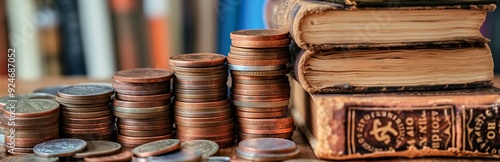 Obraz na płótnie Books and coins neatly stacked together, creating a vintage and intellectual ambiance with a nod to financial wealth and investment. w salonie