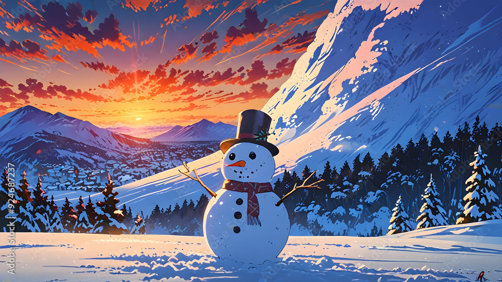Fototapeta premium sunset view in winter. snowman in the mountains