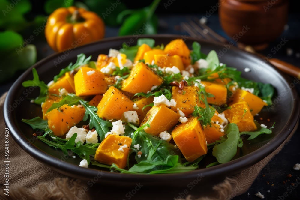 A vibrant salad featuring roasted butternut squash, arugula, and crumbled feta cheese, drizzled with olive oil A vibrant salad featuring roasted butternut squash, arugula, and crumbled feta cheese, drizzled with olive oil
