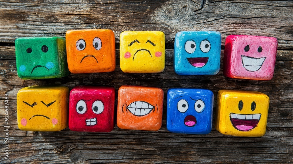 Colorful cubes on wood: a study of emotions through art. Colorful cubes on wood: a study of emotions through art.
