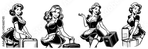 pin-up girl in maid outfit packing her bags ready to travel, black vector illustration, pin-up woman silhouette comic character