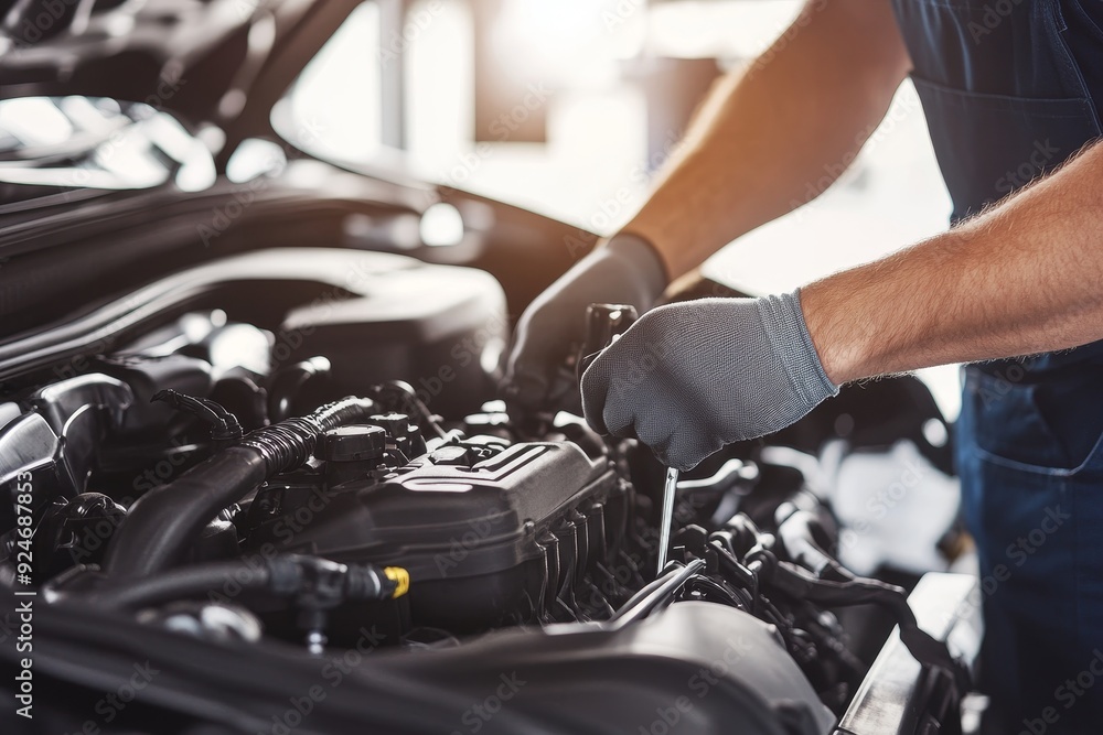 Mechanic s hands repairing car engine with wrench in garage car service concept Mechanic s hands repairing car engine with wrench in garage car service concept
