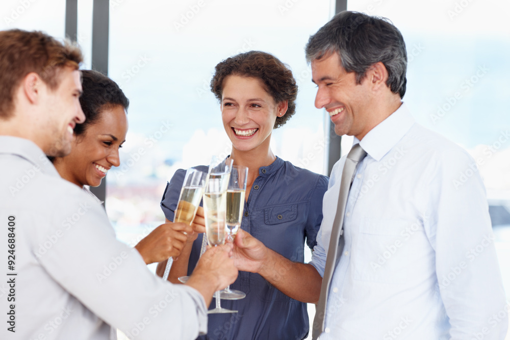 Business, people and toast with champagne glasses in office for success, celebration and achievement. Employees, partners and excited or happy with alcohol for teamwork, collaboration and cheers Business, people and toast with champagne glasses in office for success, celebration and achievement. Employees, partners and excited or happy with alcohol for teamwork, collaboration and cheers