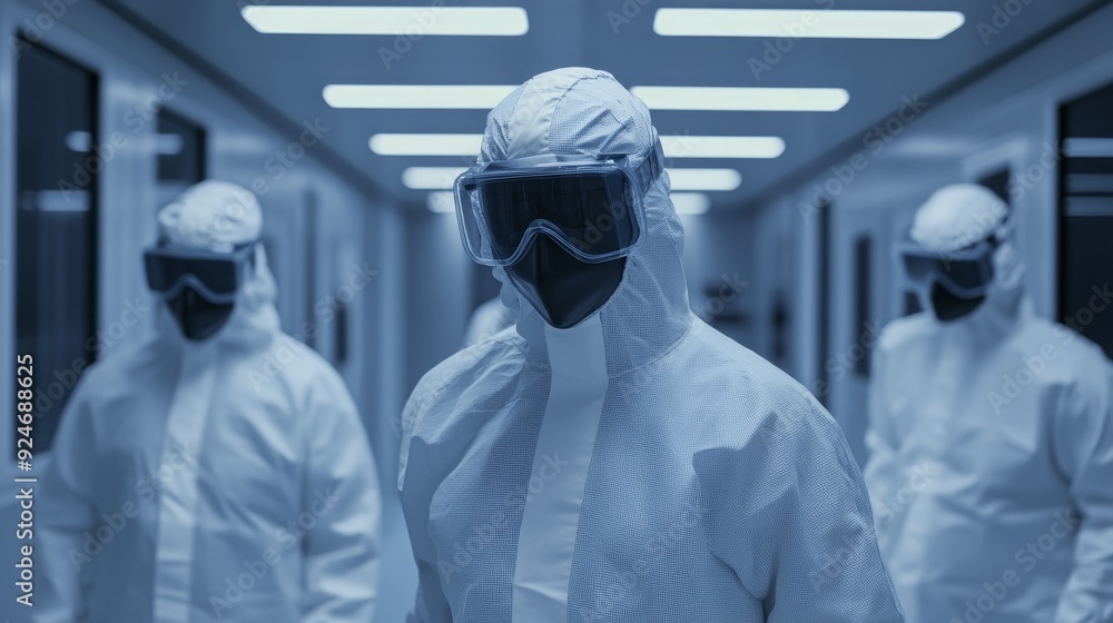 Three healthcare workers in protective suits, goggles, and masks walk down a sterile hospital corridor. The image represents safety, protection, and a sense of urgency during a medical crisis. Three healthcare workers in protective suits, goggles, and masks walk down a sterile hospital corridor. The image represents safety, protection, and a sense of urgency during a medical crisis.