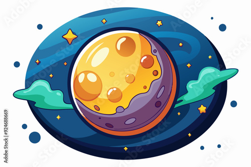 Cartoon Illustration of a Half Moon in Space with Stars and Planets