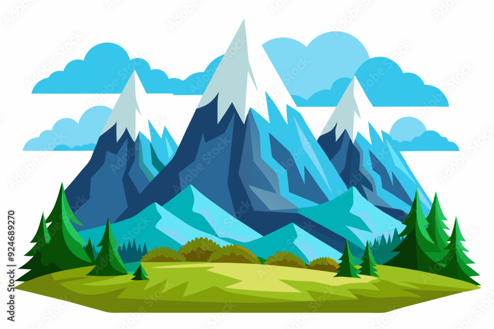 Fototapeta premium Mountain Range with Snow-Capped Peaks and Green Forest