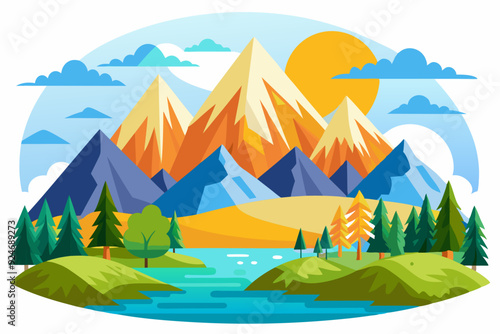 A Colorful, Flat-Style Mountain Landscape with a Winding River