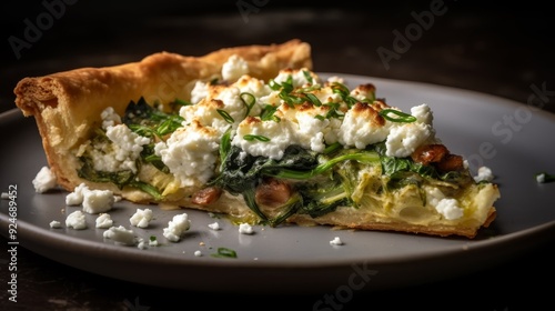 A slice of rich quiche filled with sautéed spinach, feta cheese, and herbs, served on a gray plate. photo