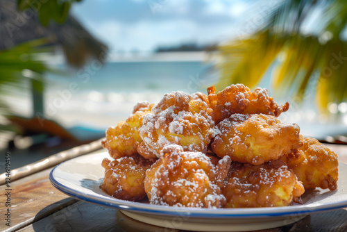 Apple fritter bites with powdered sugar on beachside