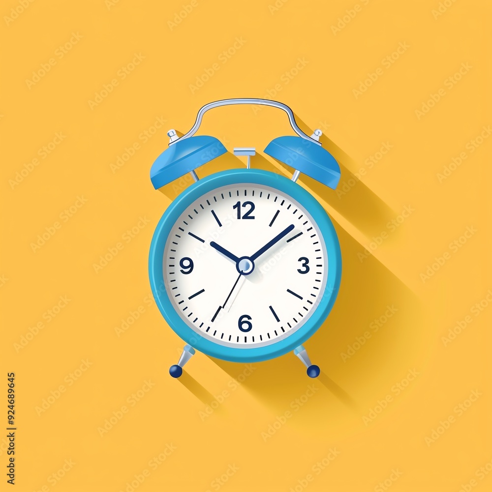 Retro blue alarm clock against a vibrant yellow background, creating a pop art aesthetic with shadows. Retro blue alarm clock against a vibrant yellow background, creating a pop art aesthetic with shadows.