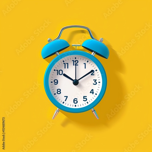 Retro blue alarm clock against a bright yellow background depicting time management and punctuality. Shadow cast to the right.