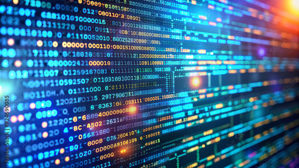 Close-up of a bright digital screen with current binary code. Binary numbers made up of digits are the focus and blur towards the edges, creating a sense of depth and movement Close-up of a bright digital screen with current binary code. Binary numbers made up of digits are the focus and blur towards the edges, creating a sense of depth and movement