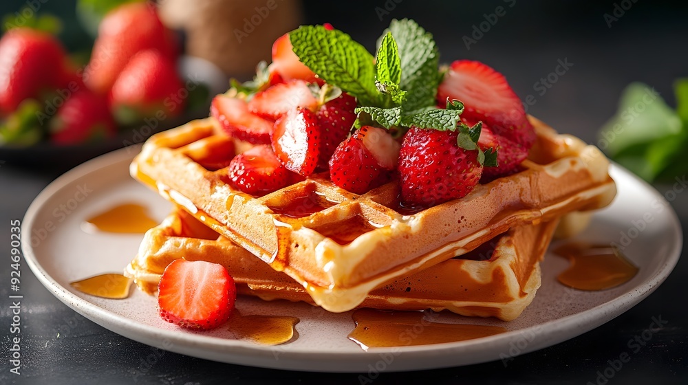 Delicious Waffles with Strawberries and Maple Syrup. Delicious Waffles with Strawberries and Maple Syrup.