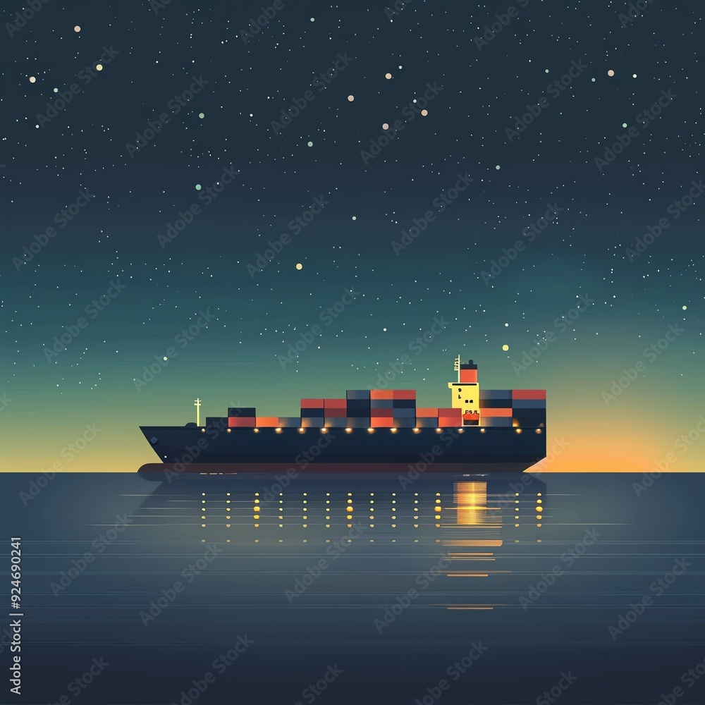Obraz premium Illustration of a cargo ship sailing under a starlit sky, reflecting lights over calm waters at dusk.