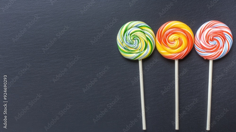 Colorful lollipops and candies on a black backdrop for festive celebrations Colorful lollipops and candies on a black backdrop for festive celebrations