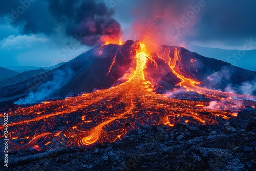 Active Volcano at Night with Glowing Lava Against Darkened Sky.