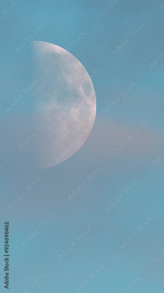 A partial lunar sphere with visible craters moves across a blue sky with beautiful clouds after sunset. A partial lunar sphere with visible craters moves across a blue sky with beautiful clouds after sunset.