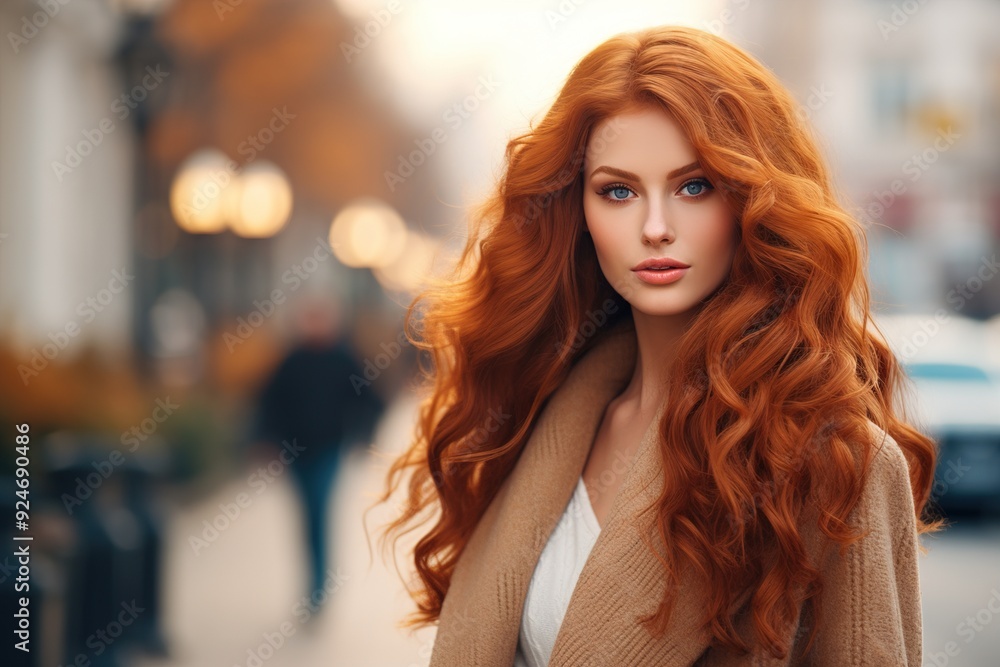 Fototapeta premium A woman with long red hair is standing on a city street
