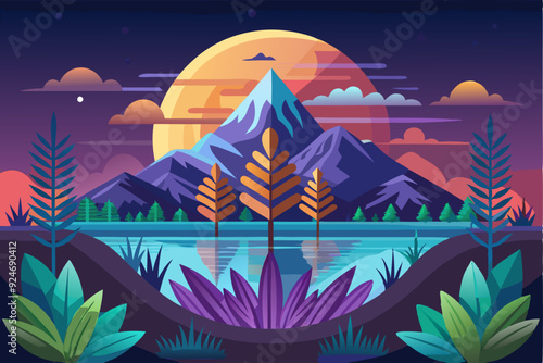 Mountainous Landscape with a Large Moon and a Lake in the Foreground