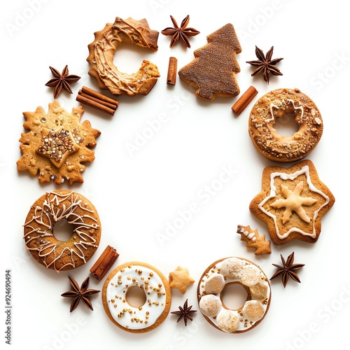 Festive holiday gingerbread cookies arranged in a circle, adorned with star anise and cinnamon sticks, perfect for seasonal celebrations.